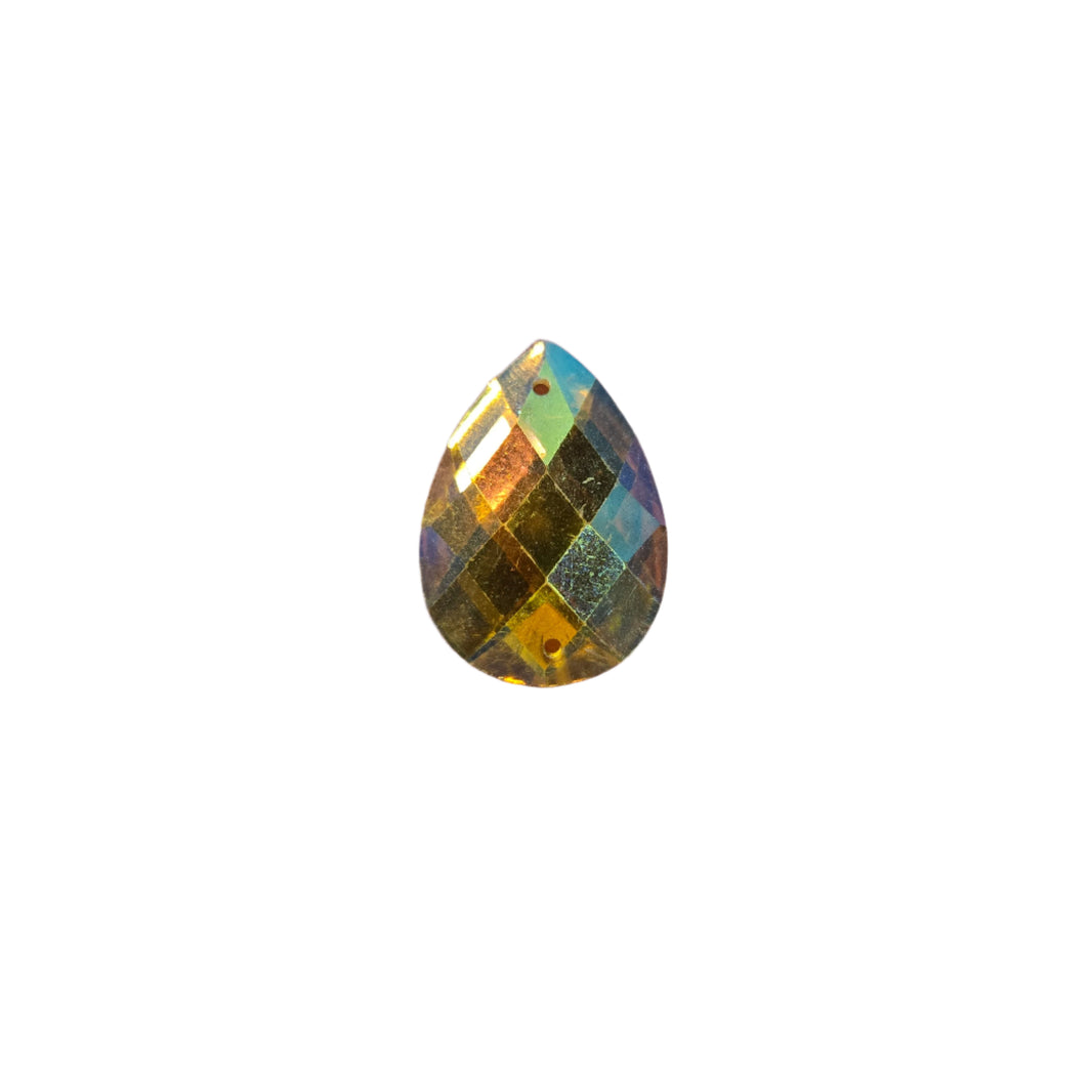 Yellow teardrop AB sew-on flatback rhinestone, 18x26MM, featuring an Aurora Borealis finish, perfect for enhancing carnival costumes and custom designs
