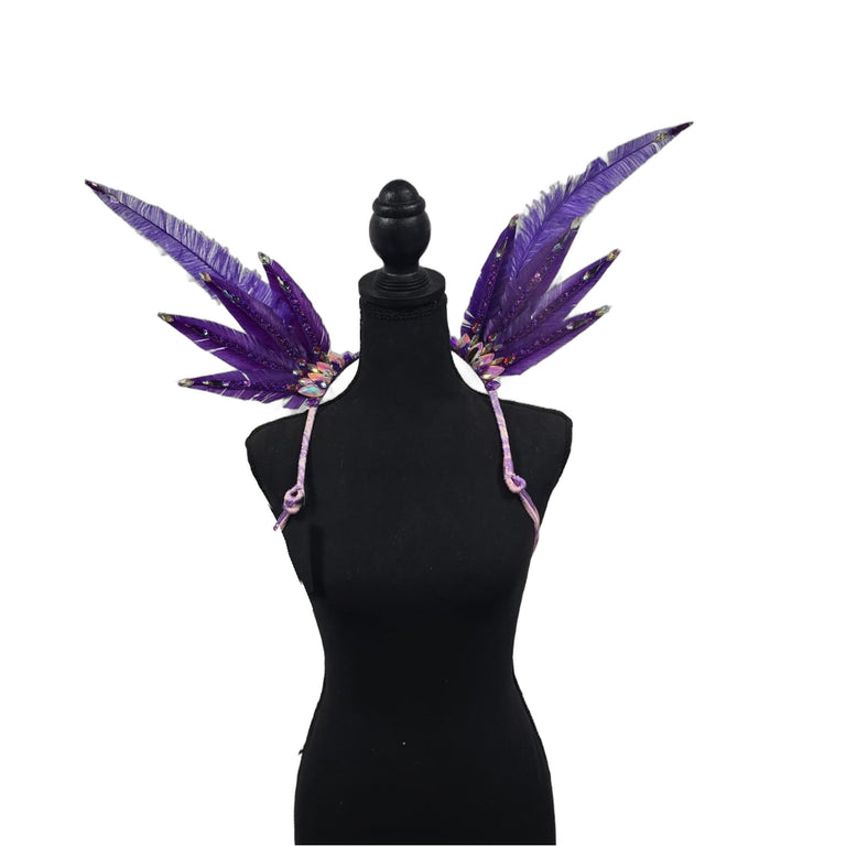 Amethyst Royale small feather collar wings on a mannequin – purple feathers with glitter trim, AB rhinestone tips and lilac straps | CarnivalMW