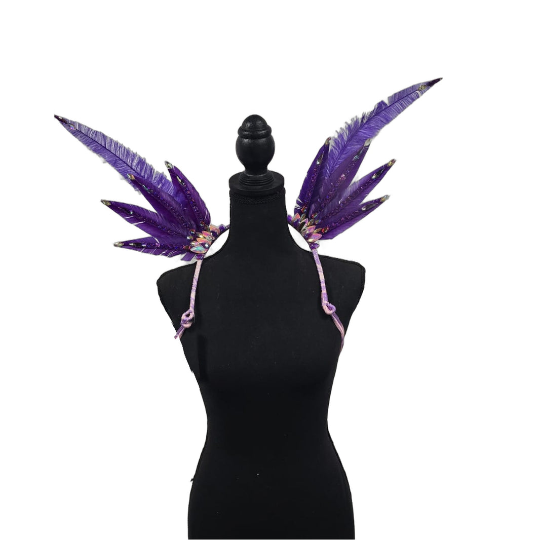 Amethyst Royale small feather collar wings on a mannequin – purple feathers with glitter trim, AB rhinestone tips and lilac straps | CarnivalMW