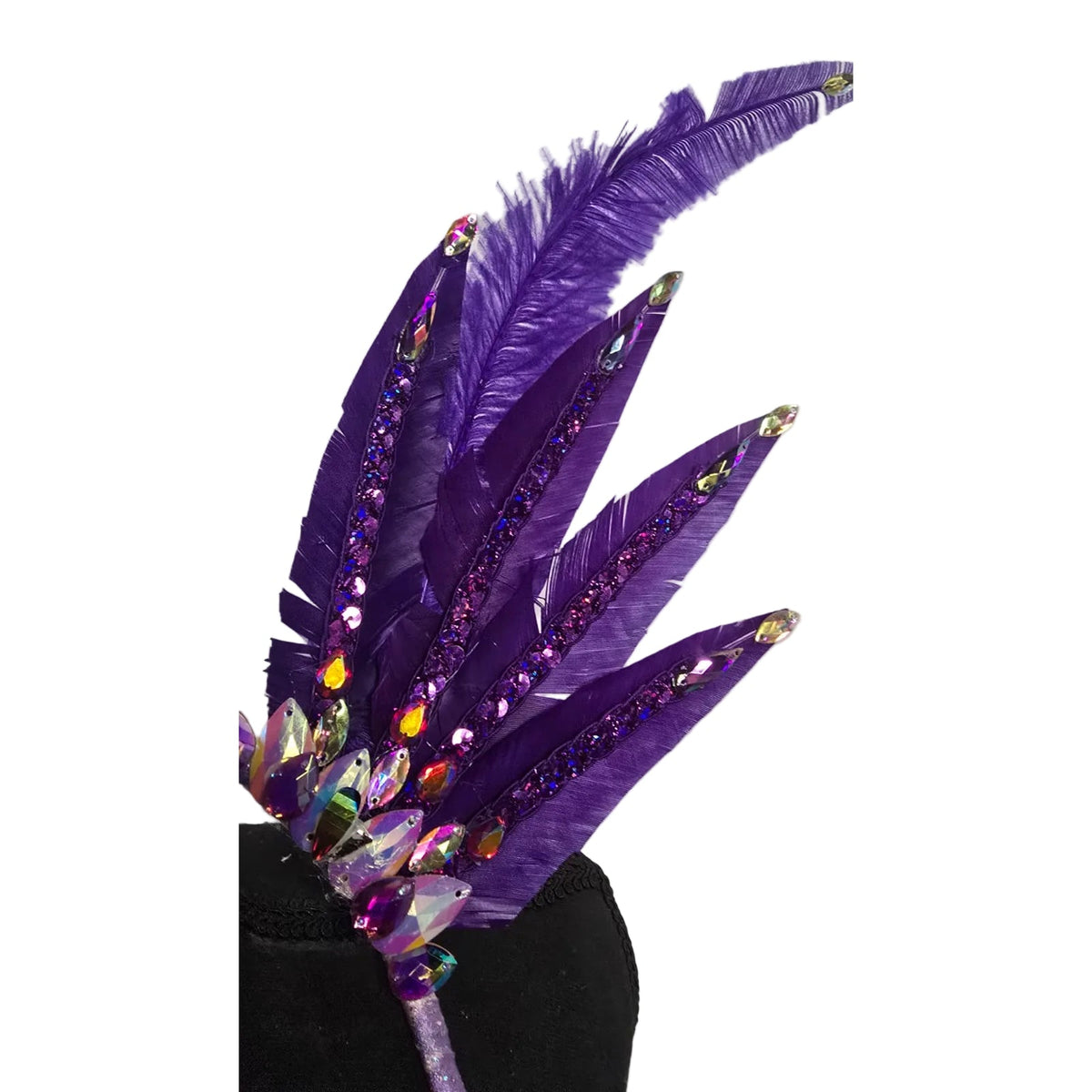 Amethyst Royale Small Feather Collar Wings-Amethyst Royale small feather collar wings close-up – purple feathers with glitter trim and iridescent gem cluster | CarnivalMW