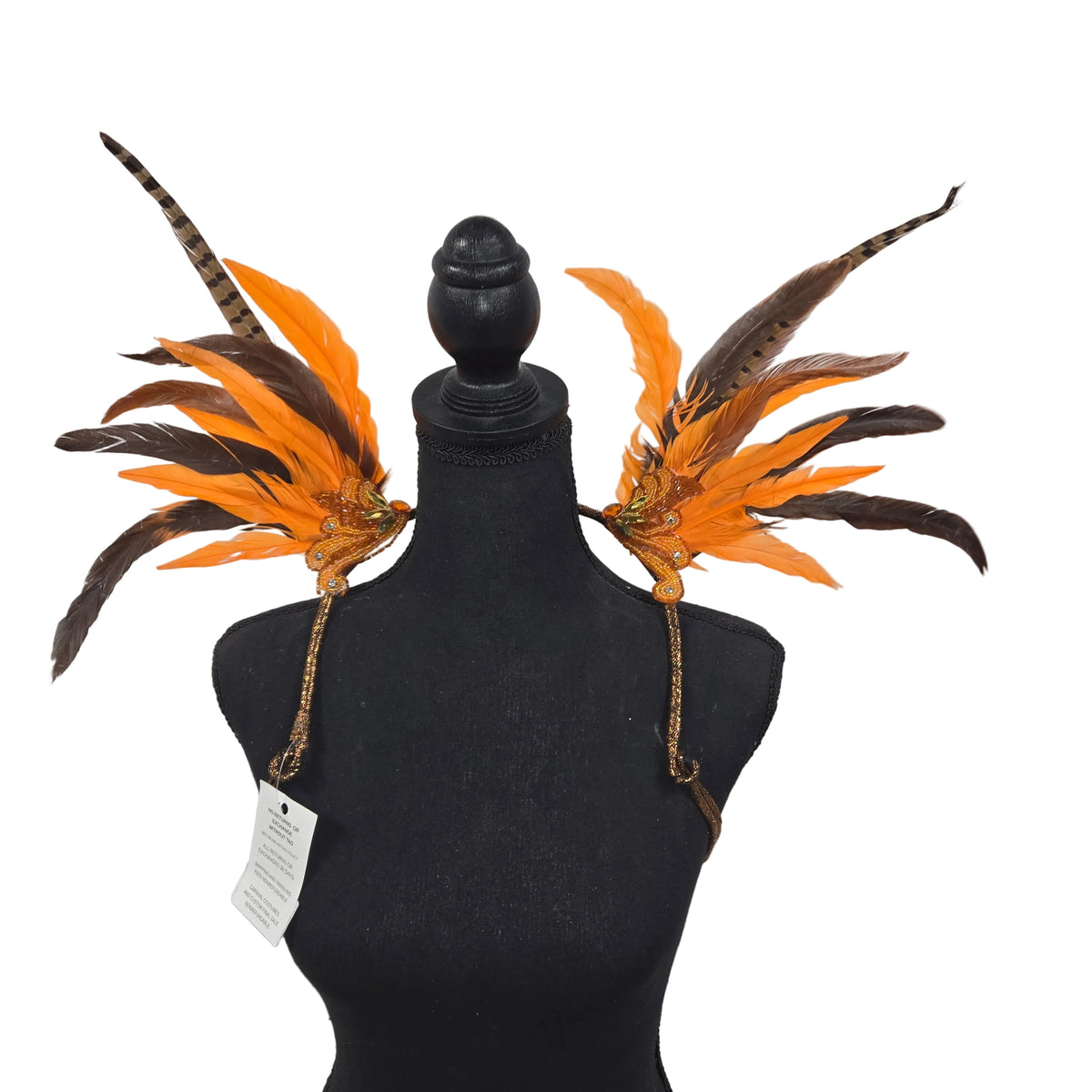 Autumn Ember Small Feather Collar Wings-Autumn Ember small feather collar wings on a mannequin – orange, chocolate brown and pheasant feathers with beaded appliqué and bronze straps | CarnivalMW