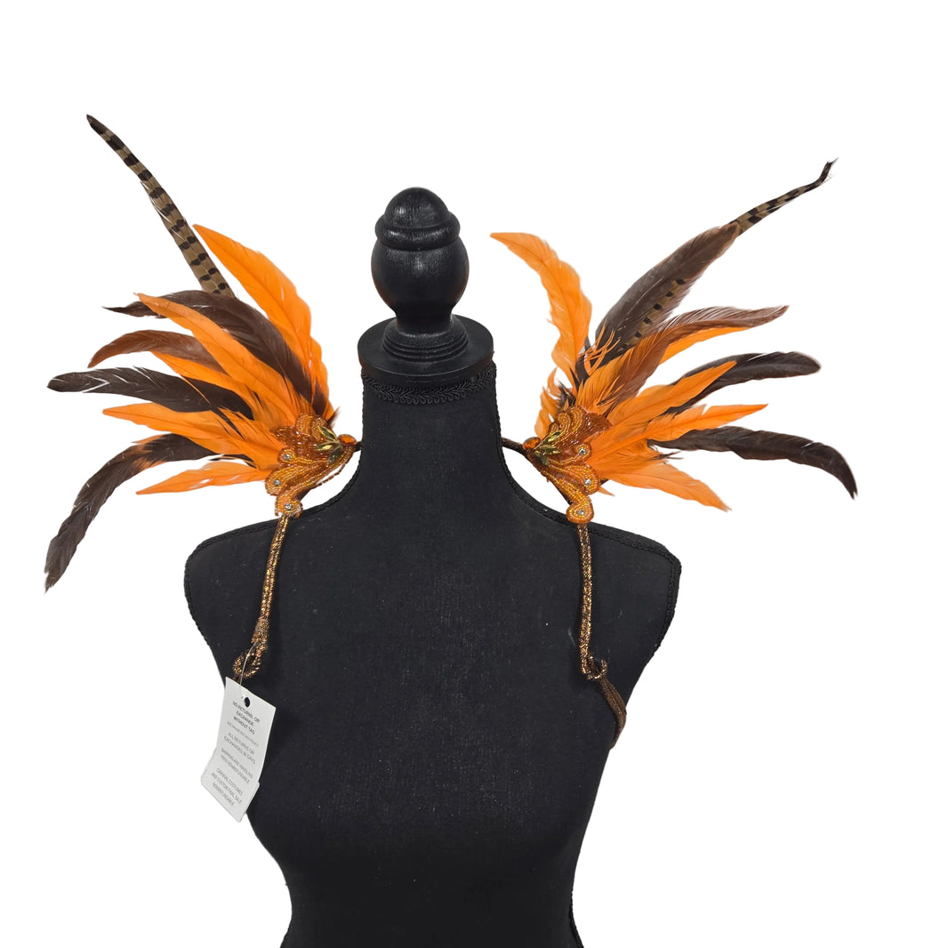 Autumn Ember small feather collar wings on a mannequin – orange, chocolate brown and pheasant feathers with beaded appliqué and bronze straps | CarnivalMW