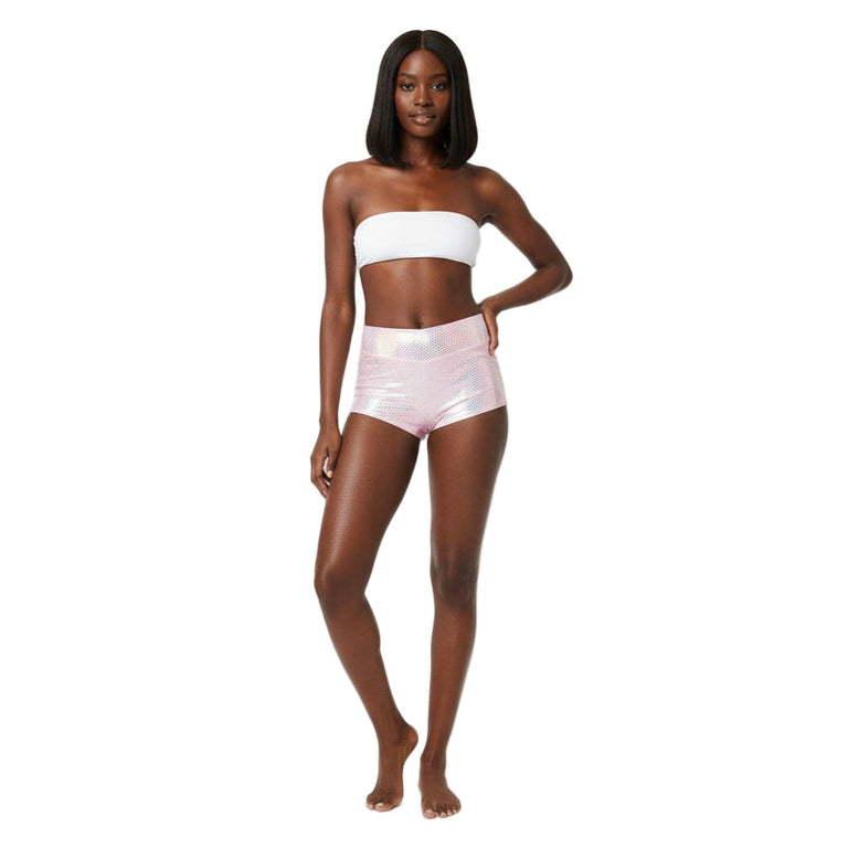 Baby Pink Holographic Carnival Cheekies Hot Shorts — shimmering holographic booty shorts for carnival, jouvert, fetes, and festivals