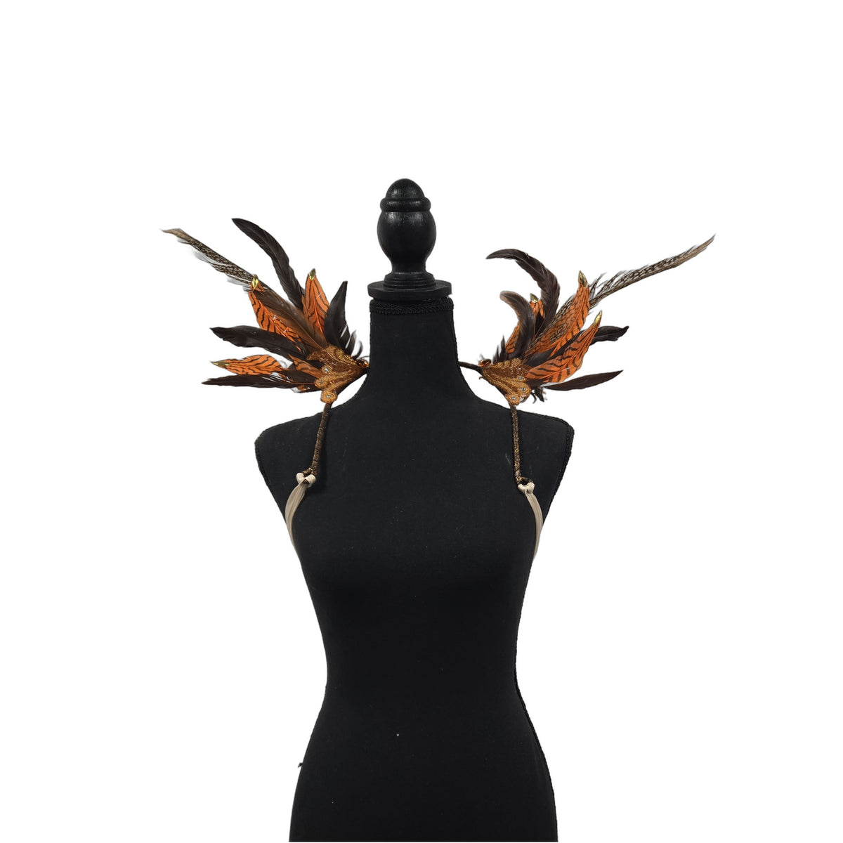 Bengal Blaze Small Feather Collar Wings-Bengal Blaze small feather collar wings on a mannequin – orange tiger-stripe, brown and pheasant feathers with gold accents | CarnivalMW
