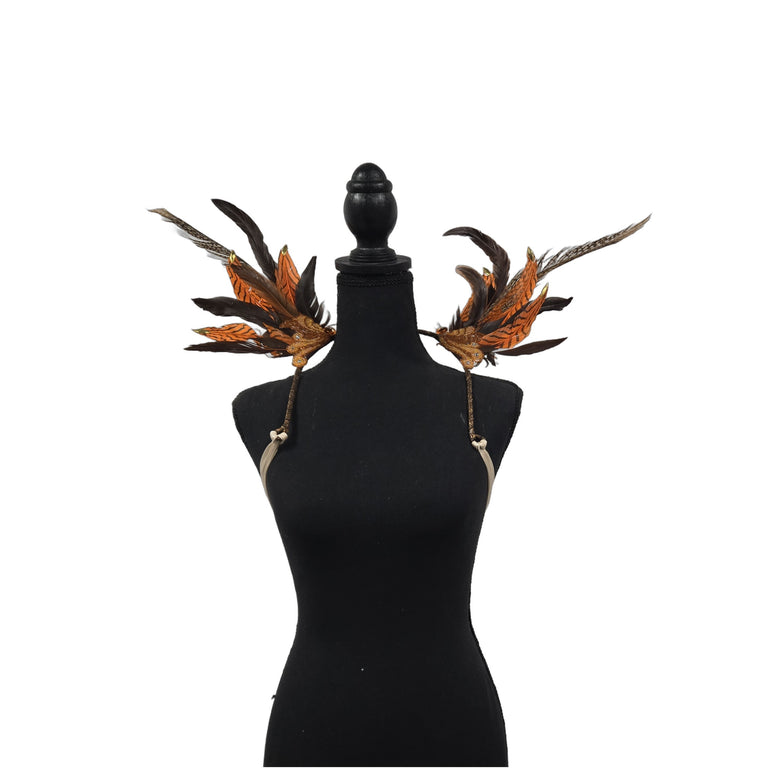 Bengal Blaze small feather collar wings on a mannequin – orange tiger-stripe, brown and pheasant feathers with gold accents | CarnivalMW