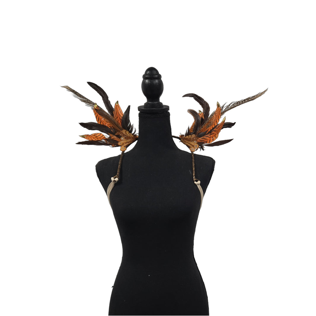 Bengal Blaze small feather collar wings on a mannequin – orange tiger-stripe, brown and pheasant feathers with gold accents | CarnivalMW