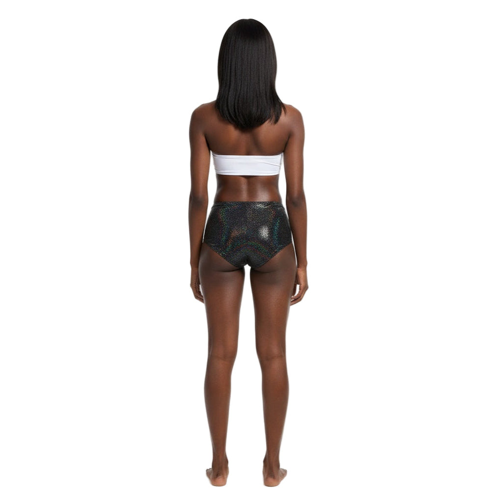 Black Holographic Carnival Cheekies Hot Shorts — shimmering holographic booty shorts for carnival, jouvert, fetes, and festivals