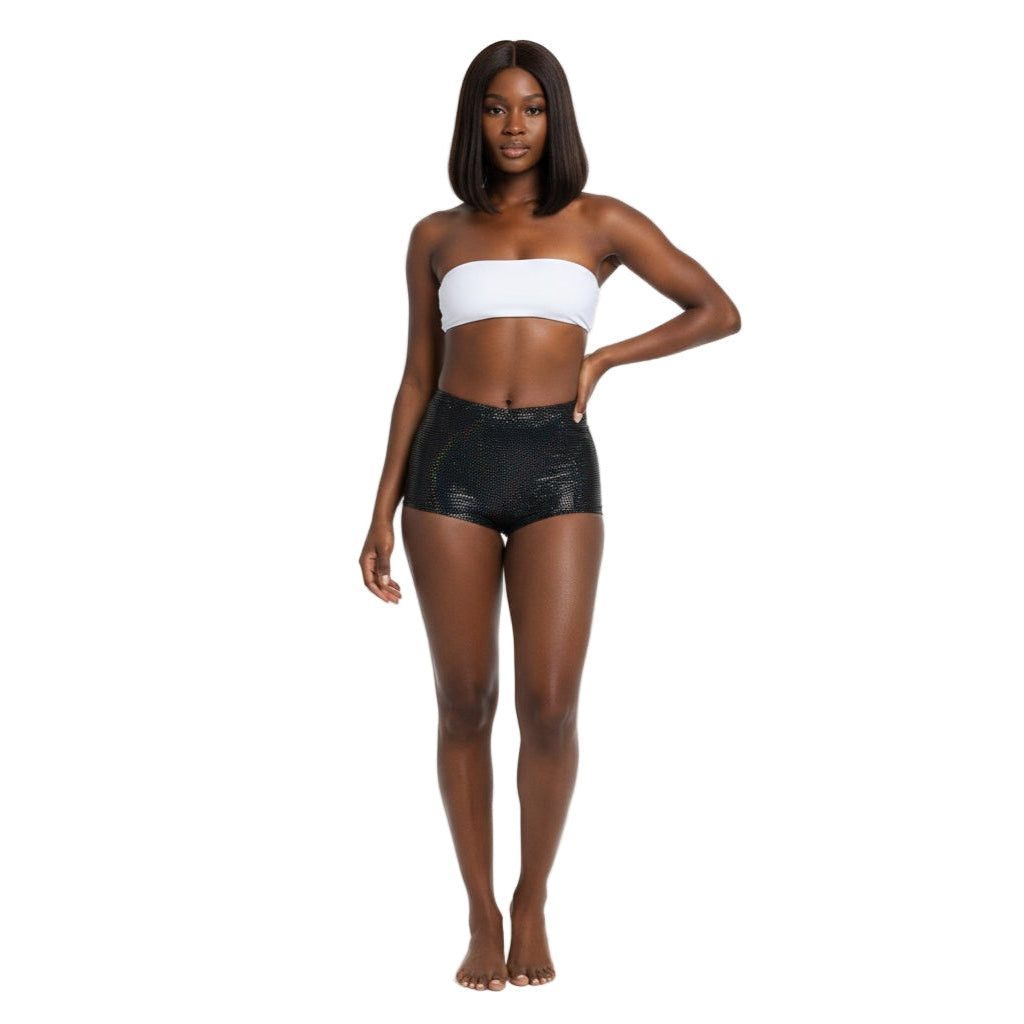 Black Holographic Carnival Cheekies Hot Shorts — shimmering holographic booty shorts for carnival, jouvert, fetes, and festivals