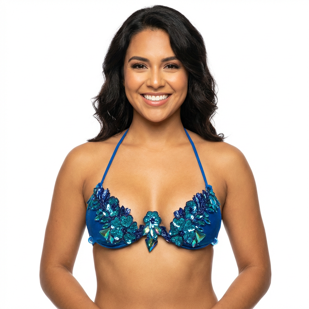Blue Lagoon Fantasy Decorated Wire Bra with vivid electric blue fabric, covered in sparkling 3D blue gems and floral crystal appliqués, displayed on a black mannequin—perfect for festivals, carnivals, and dazzling performances