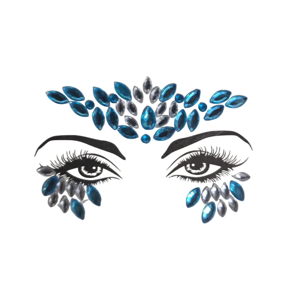 Blue Mini Crown Face Gems Stickers — reflective rhinestone face gems with adjustable fit for carnival and festival looks, ages 12 and up