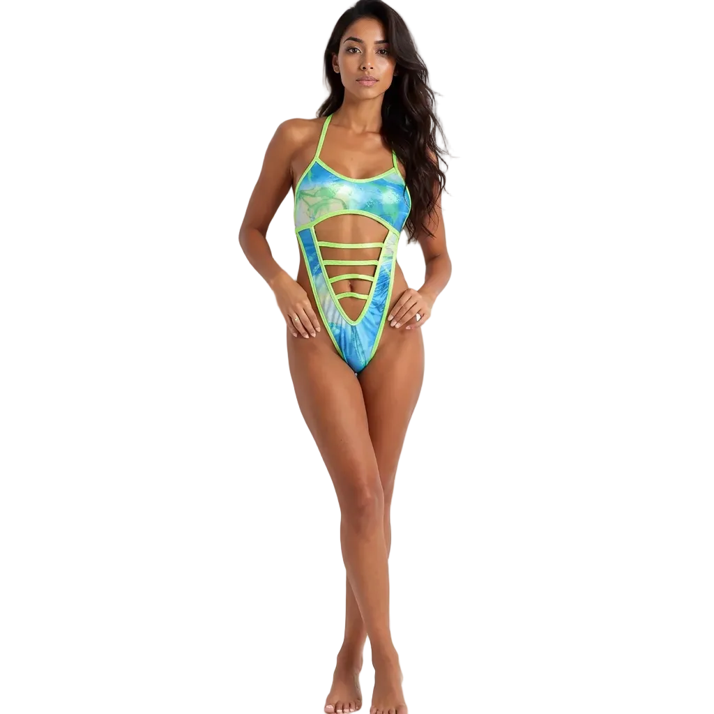 Blue Range One-Piece Monokini Swimsuit Mondaywear — bold one-piece swimsuit for carnival Monday wear, fetes, festivals, pool, and beach