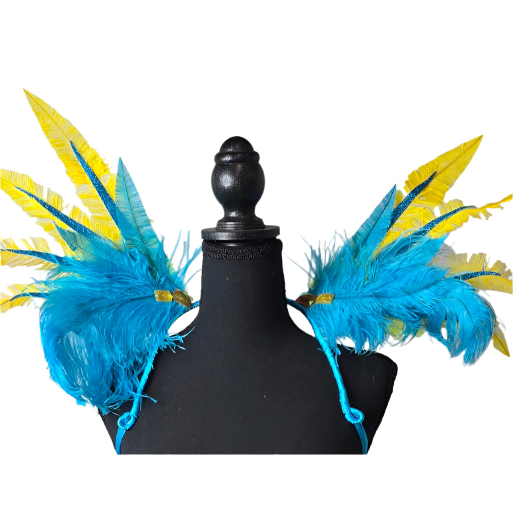 Caribbean Sunrise Small Feather Collar Wings-Caribbean Sunrise small feather collar wings close-up of the turquoise and yellow feathers | CarnivalMW