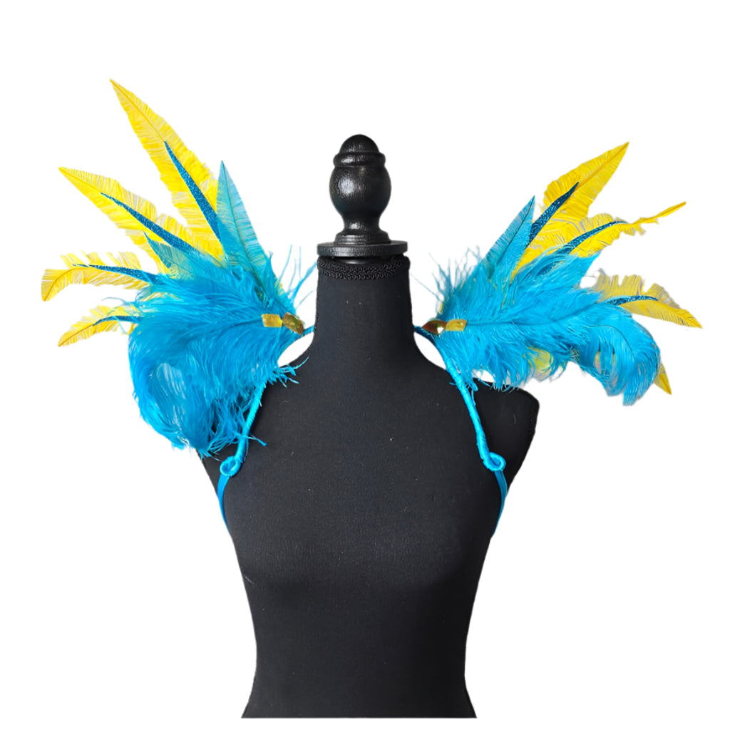Caribbean Sunrise small feather collar wings, front view – turquoise blue and yellow feathers with sparkling accents | CarnivalMW