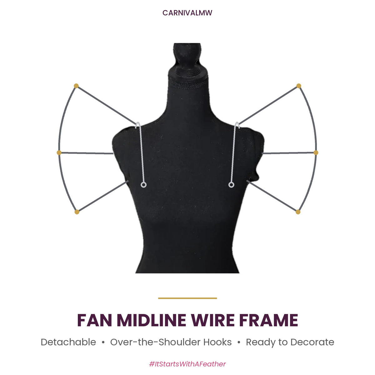 Carnival Detachable Fan Midline Wire Frame-CARNIVALMW Detachable Fan Midline Wire Frame on a black dress form, front view