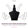 CARNIVALMW Detachable Four Piece Fairy Frontline Wire Frame on a black dress form: two upper curved wing panels and two lower fairy wing panels with triangle inner sections, gold joints and over-the-shoulder hooks