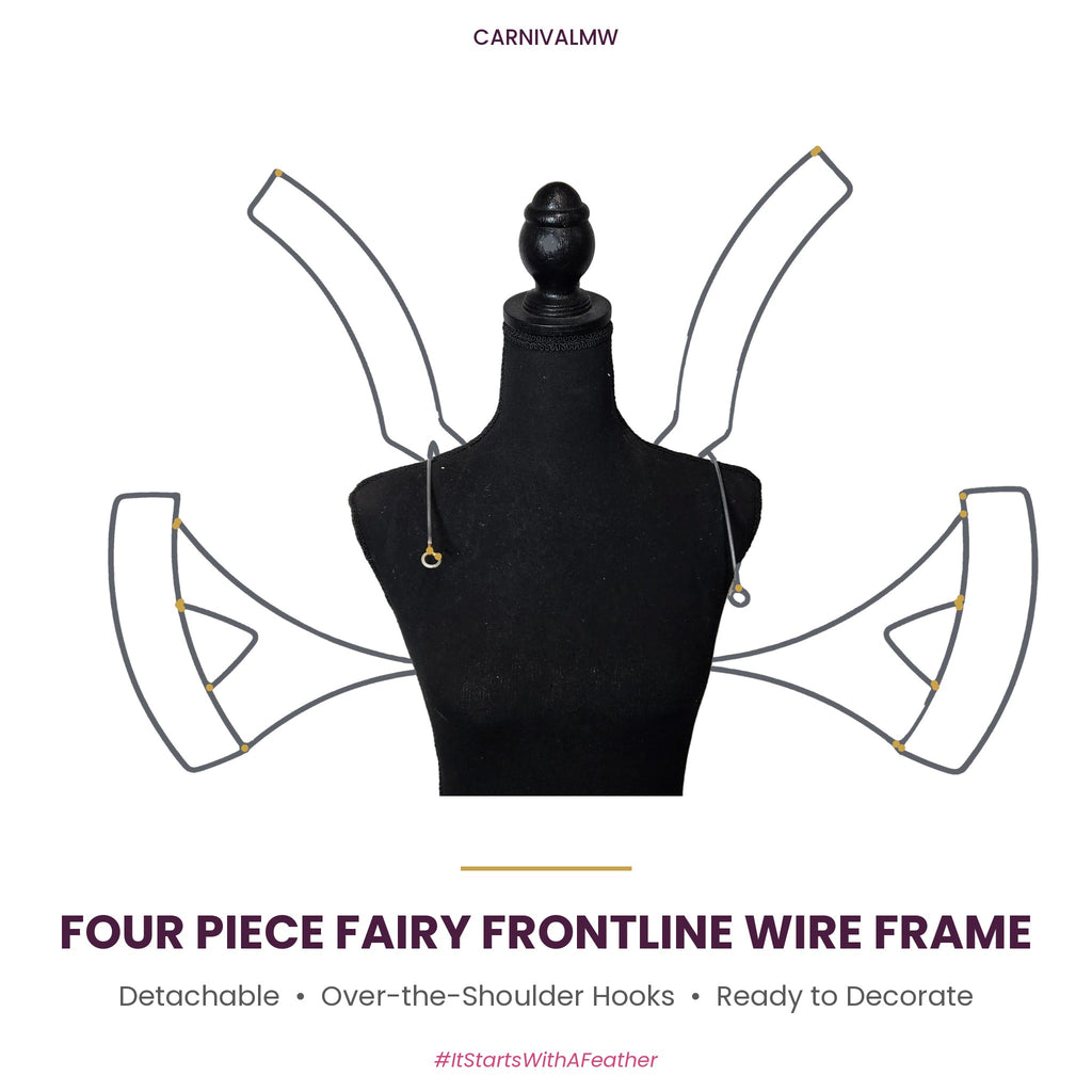 CARNIVALMW Detachable Four Piece Fairy Frontline Wire Frame on a black dress form: two upper curved wing panels and two lower fairy wing panels with triangle inner sections, gold joints and over-the-shoulder hooks