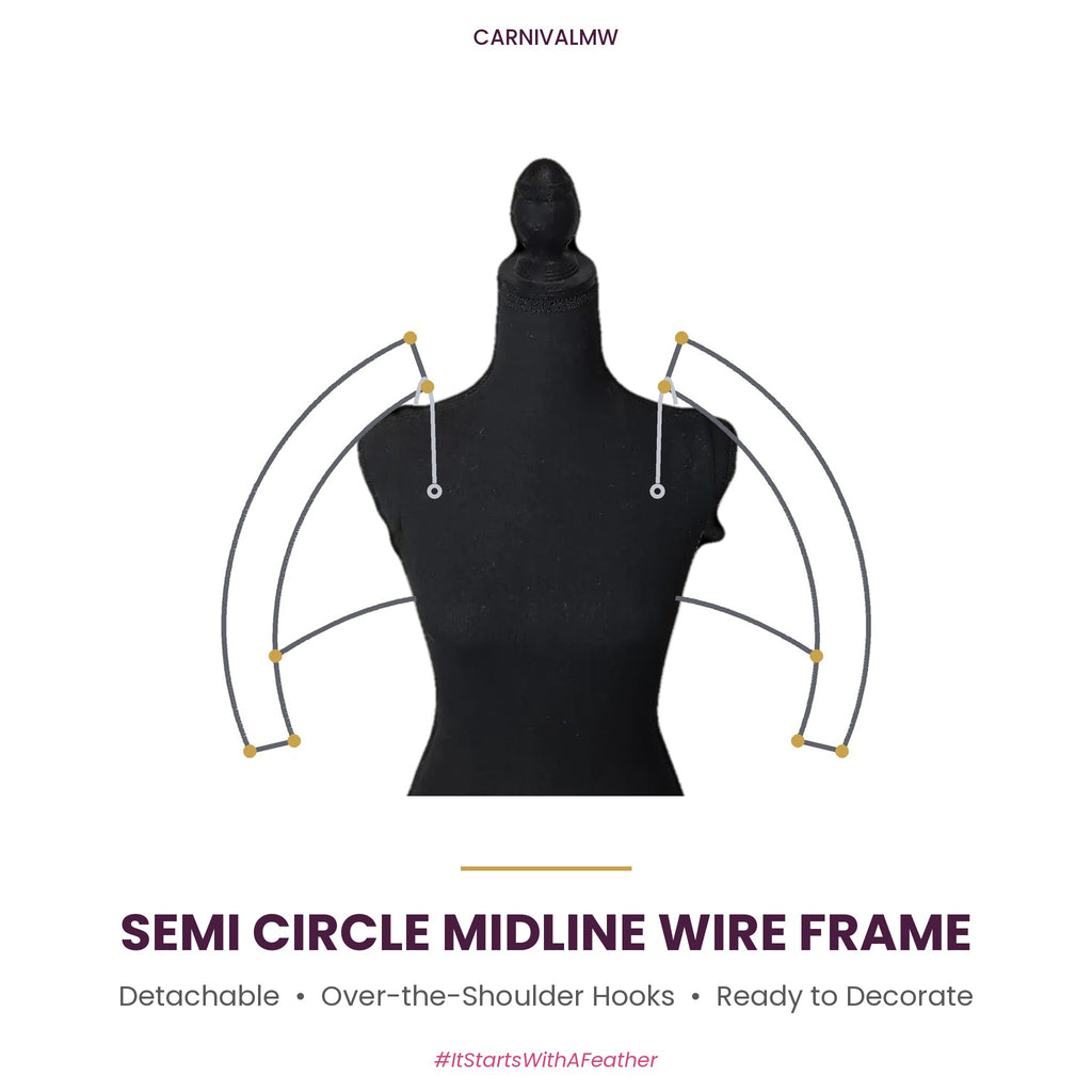 Carnival detachable mid waist semi circle midline wire frame by CARNIVALMW – double-arc semi circle wings with over-the-shoulder hooks on a mannequin, undecorated base for DIY feather backpacks