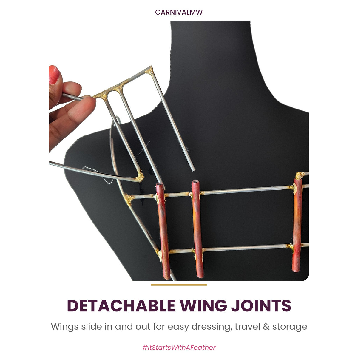 Carnival Detachable Mid Waist Wings Backpack Wire Frame-Close-up of the detachable wing joint on a CARNIVALMW wings wire frame – wing slides out of the copper tube harness for easy dressing and travel