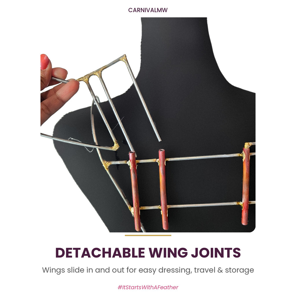 Close-up of the detachable wing joint on a CARNIVALMW wings wire frame – wing slides out of the copper tube harness for easy dressing and travel