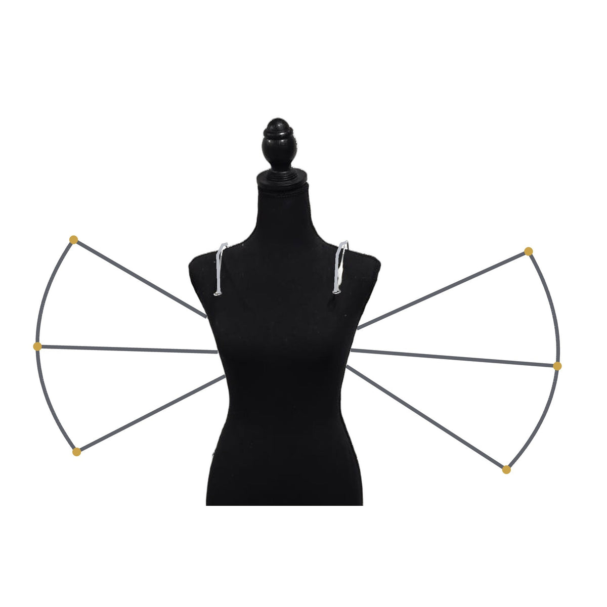 Carnival Detachable Mid Waist Wings Backpack Wire Frame-Mid waist wings backpack wire frame on a black mannequin – two fan-shaped carnival wings with curved outer edges and support spokes