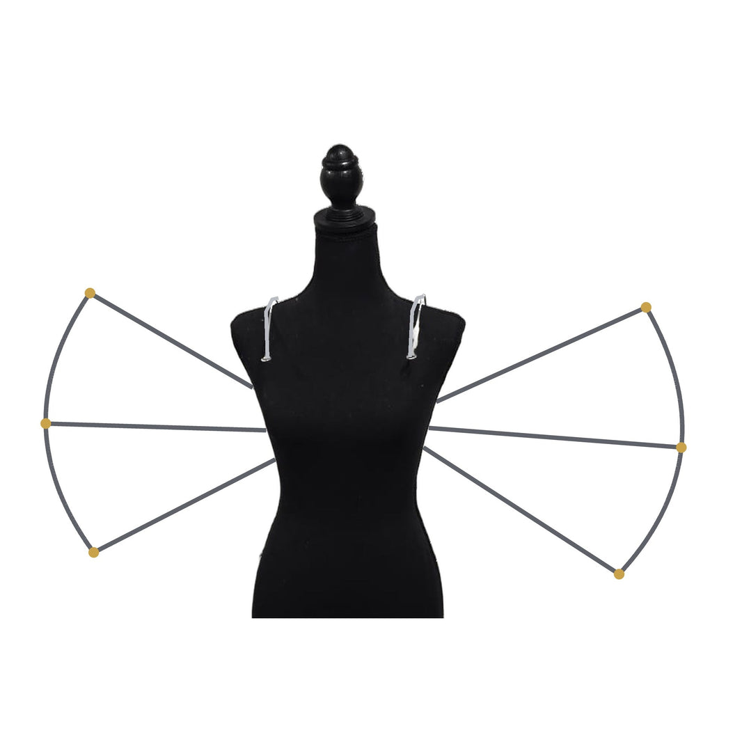 Carnival Detachable Mid Waist Wings Backpack Wire Frame-Mid waist wings backpack wire frame on a black mannequin – two fan-shaped carnival wings with curved outer edges and support spokes