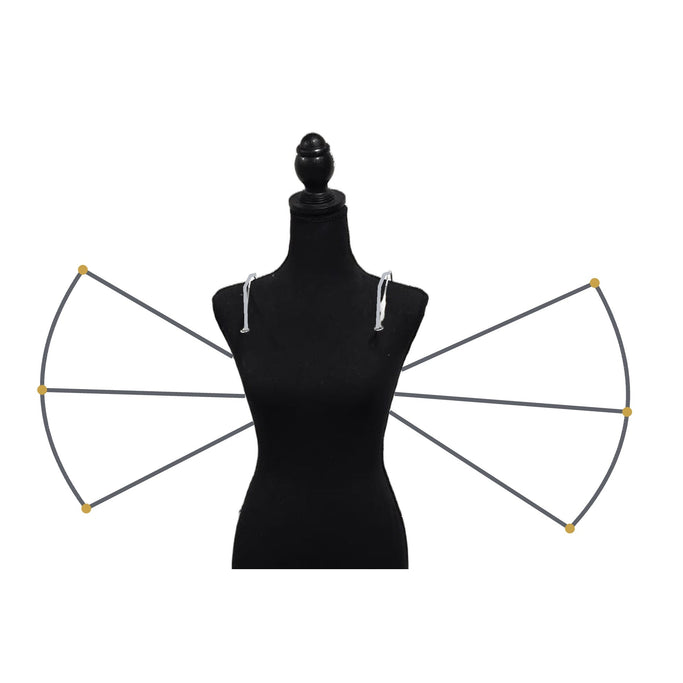 Mid waist wings backpack wire frame on a black mannequin – two fan-shaped carnival wings with curved outer edges and support spokes