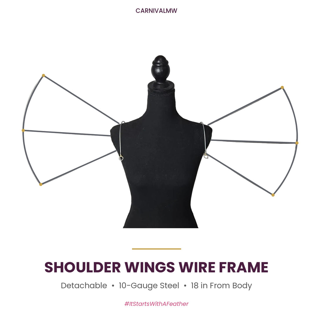 Carnival detachable shoulder wings midline wire frame by CARNIVALMW – undecorated 10-gauge steel fan wings on a mannequin, base for DIY feather backpacks