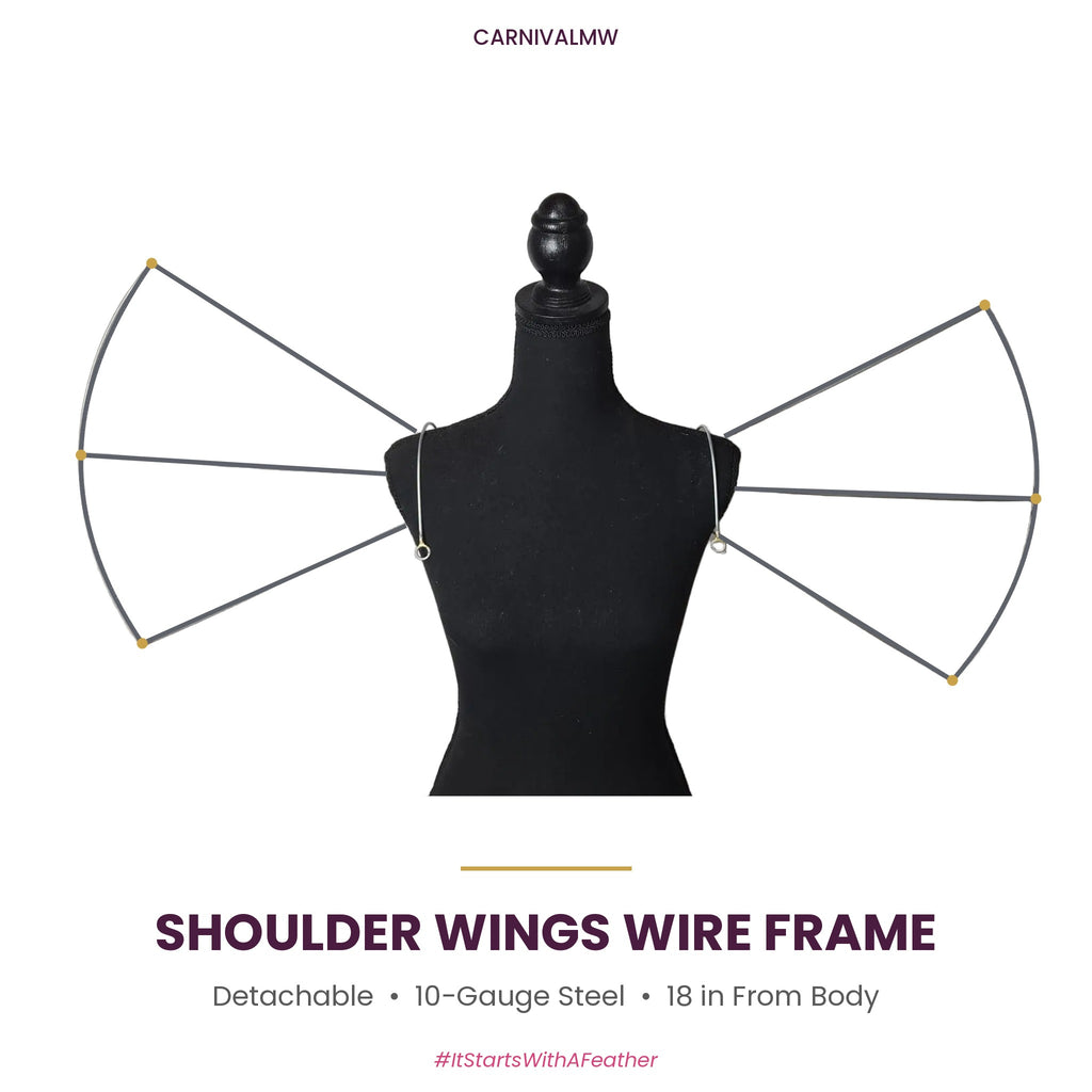 Carnival detachable shoulder wings midline wire frame by CARNIVALMW – undecorated 10-gauge steel fan wings on a mannequin, base for DIY feather backpacks