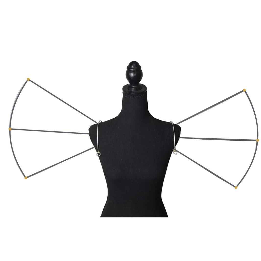 Carnival detachable shoulder wings midline wire frame by CARNIVALMW – undecorated 10-gauge steel fan wings on a mannequin, base for DIY feather backpacks