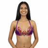 Carnival Orchid Flame Decorated Wire Bra with deep purple fabric, vibrant red and gold floral gem embellishments, and sparkling center crystals, displayed on a black mannequin—perfect for carnival, festivals, and stand-out performances