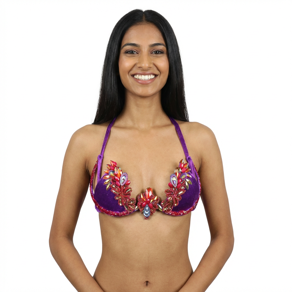 Carnival Orchid Flame Decorated Wire Bra with deep purple fabric, vibrant red and gold floral gem embellishments, and sparkling center crystals, displayed on a black mannequin—perfect for carnival, festivals, and stand-out performances