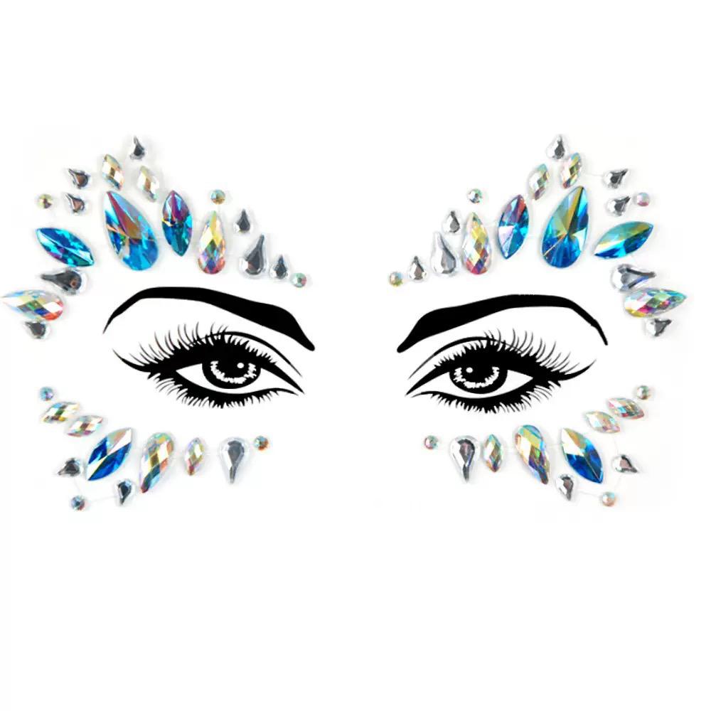 Celestial Ice Face Gems Stickers — reflective rhinestone face gems with adjustable fit for carnival and festival looks, ages 12 and up