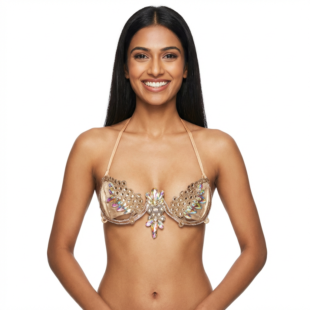 Champagne Radiance Decorated Wire Bra with a champagne-gold base, iridescent crystal petals, and gold beaded details, displayed on a black mannequin