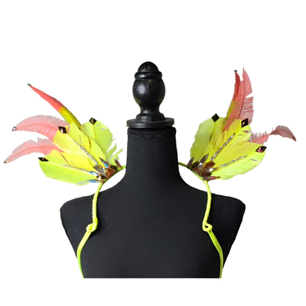 Citrus Bloom small feather collar wings, front view – neon yellow and pink feathers with sparkling accents | CarnivalMW