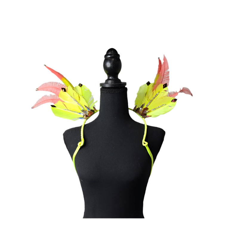 Citrus Bloom small feather collar wings, front view – neon yellow and pink feathers with sparkling accents | CarnivalMW