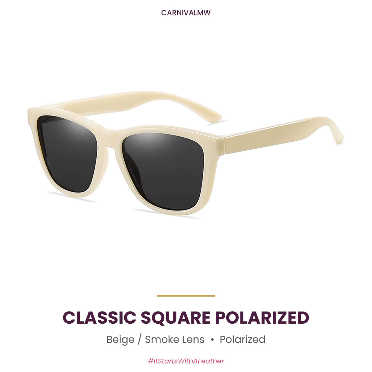 Classic Square Polarized Sunglasses – Lightweight Sport Frame-Beige classic square polarized sunglasses by CARNIVALMW – cream frame with dark smoke polarized lens