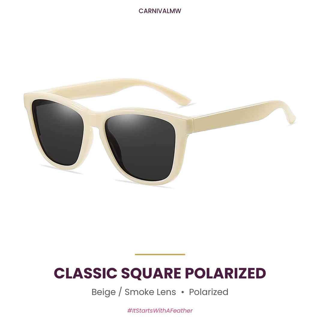 Classic Square Polarized Sunglasses – Lightweight Sport Frame-Beige classic square polarized sunglasses by CARNIVALMW – cream frame with dark smoke polarized lens