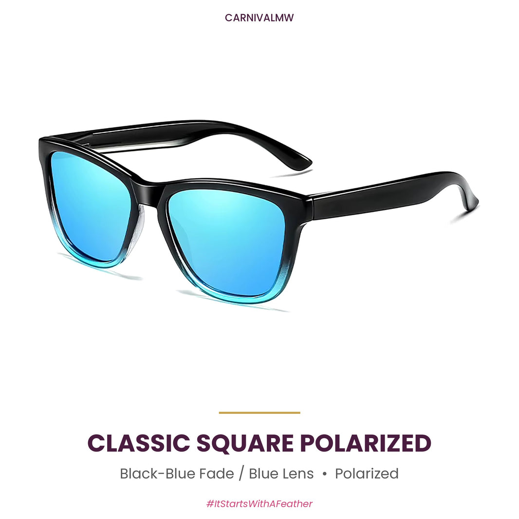 Classic Square Polarized Sunglasses – Lightweight Sport Frame-Black-Blue Fade classic square polarized sunglasses by CARNIVALMW – glossy black frame fading to blue with blue mirror lens