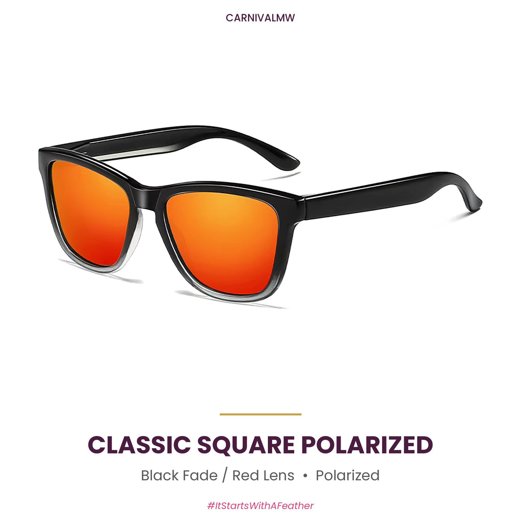 Classic Square Polarized Sunglasses – Lightweight Sport Frame-Black Fade classic square polarized sunglasses by CARNIVALMW – glossy black frame fading to clear with red mirror lens