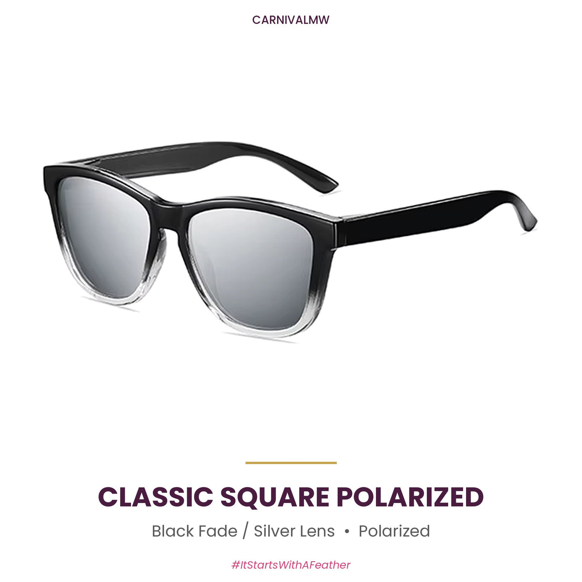 Classic Square Polarized Sunglasses – Lightweight Sport Frame-Black Fade classic square polarized sunglasses by CARNIVALMW – glossy black frame fading to clear with silver mirror lens