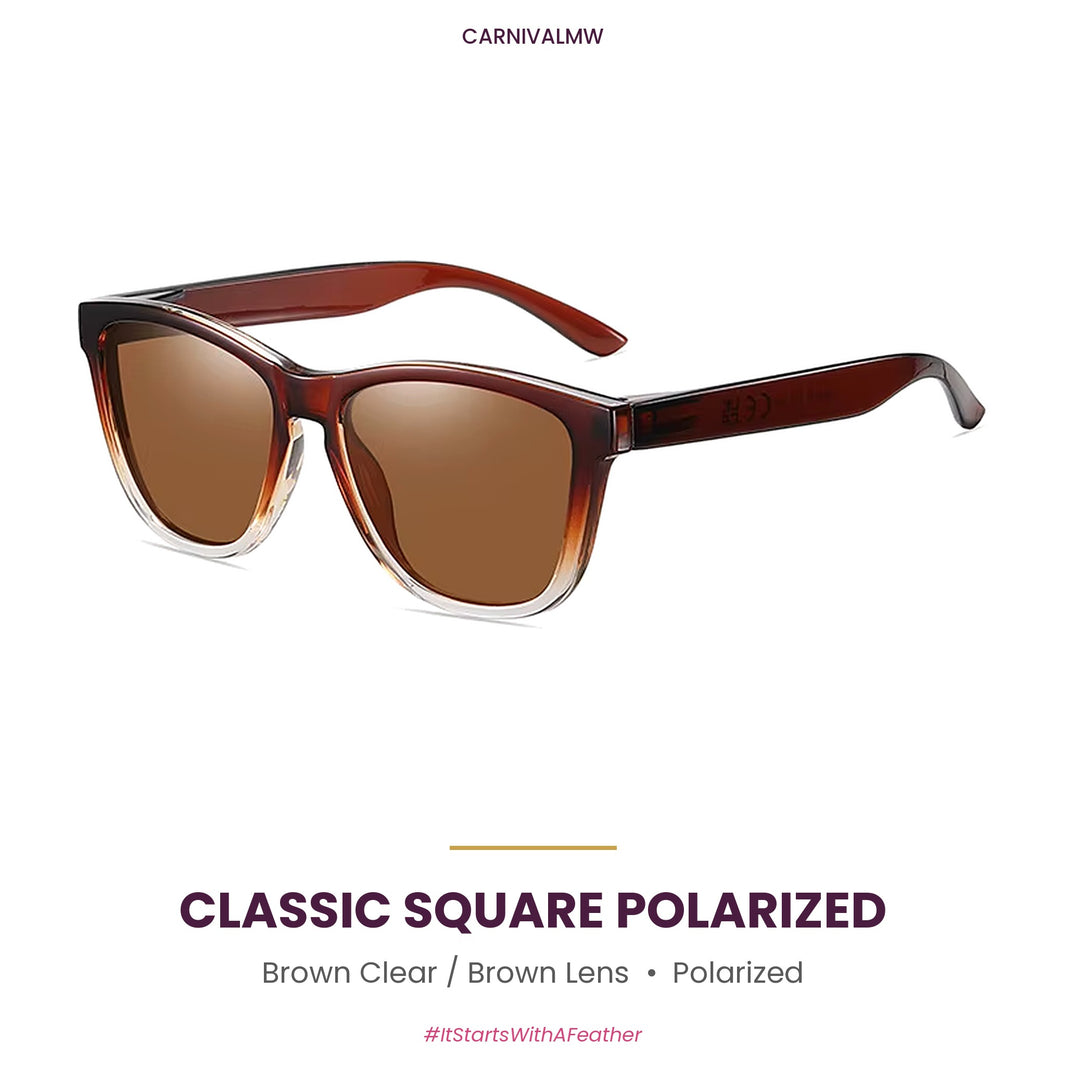 Classic Square Polarized Sunglasses – Lightweight Sport Frame-Brown Clear classic square polarized sunglasses by CARNIVALMW – brown frame fading to clear with brown polarized lens