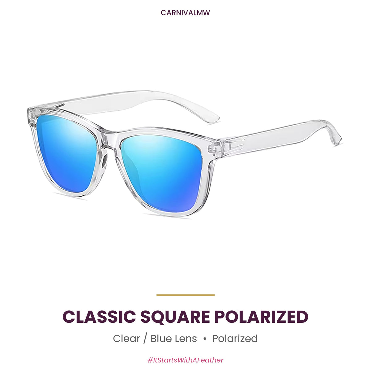 Classic Square Polarized Sunglasses – Lightweight Sport Frame-Clear classic square polarized sunglasses by CARNIVALMW – crystal-clear transparent frame with blue mirror lens