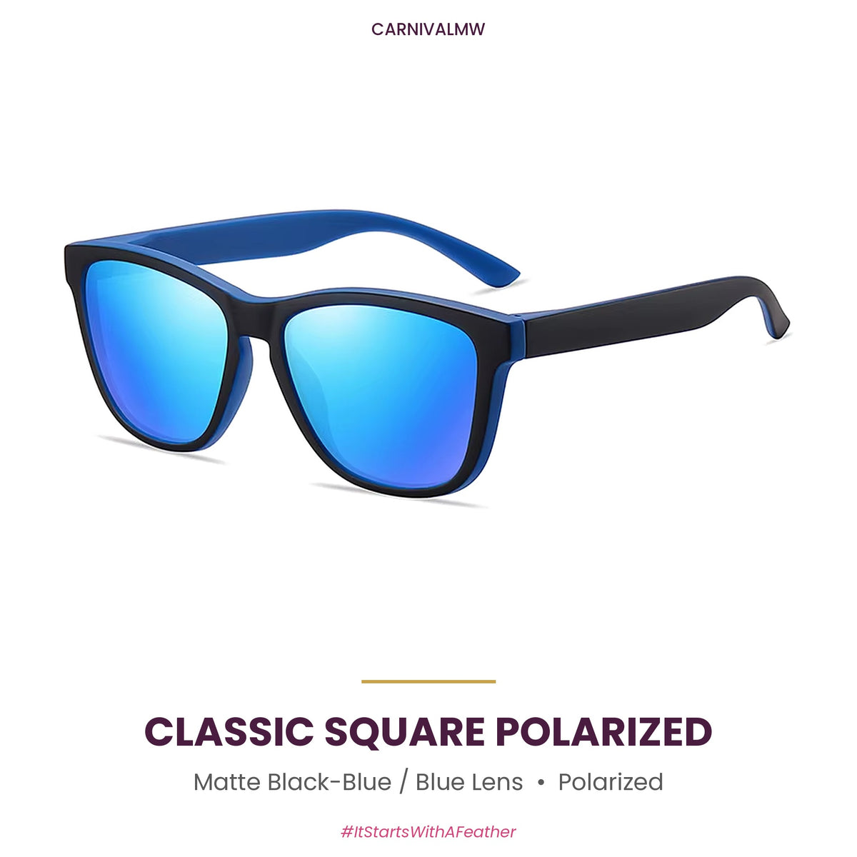 Classic Square Polarized Sunglasses – Lightweight Sport Frame-Matte Black-Blue classic square polarized sunglasses by CARNIVALMW – matte black frame with blue inner and blue mirror lens