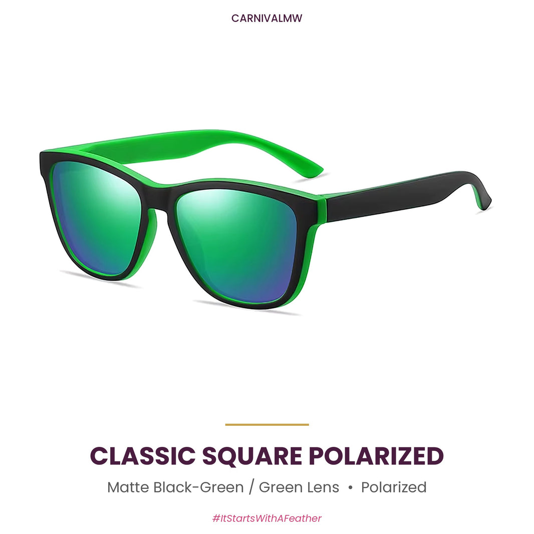 Matte Black-Green classic square polarized sunglasses by CARNIVALMW – matte black frame with green inner and green mirror lens