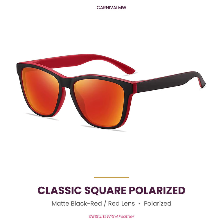 Matte Black-Red classic square polarized sunglasses by CARNIVALMW – matte black frame with red inner and red mirror lens