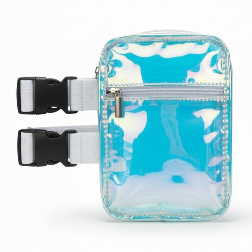 Clear HoloGlam Carnival Thigh Bag with Outside Zip — hands-free carnival thigh bag for phone and essentials at fetes, jouvert, and festivals