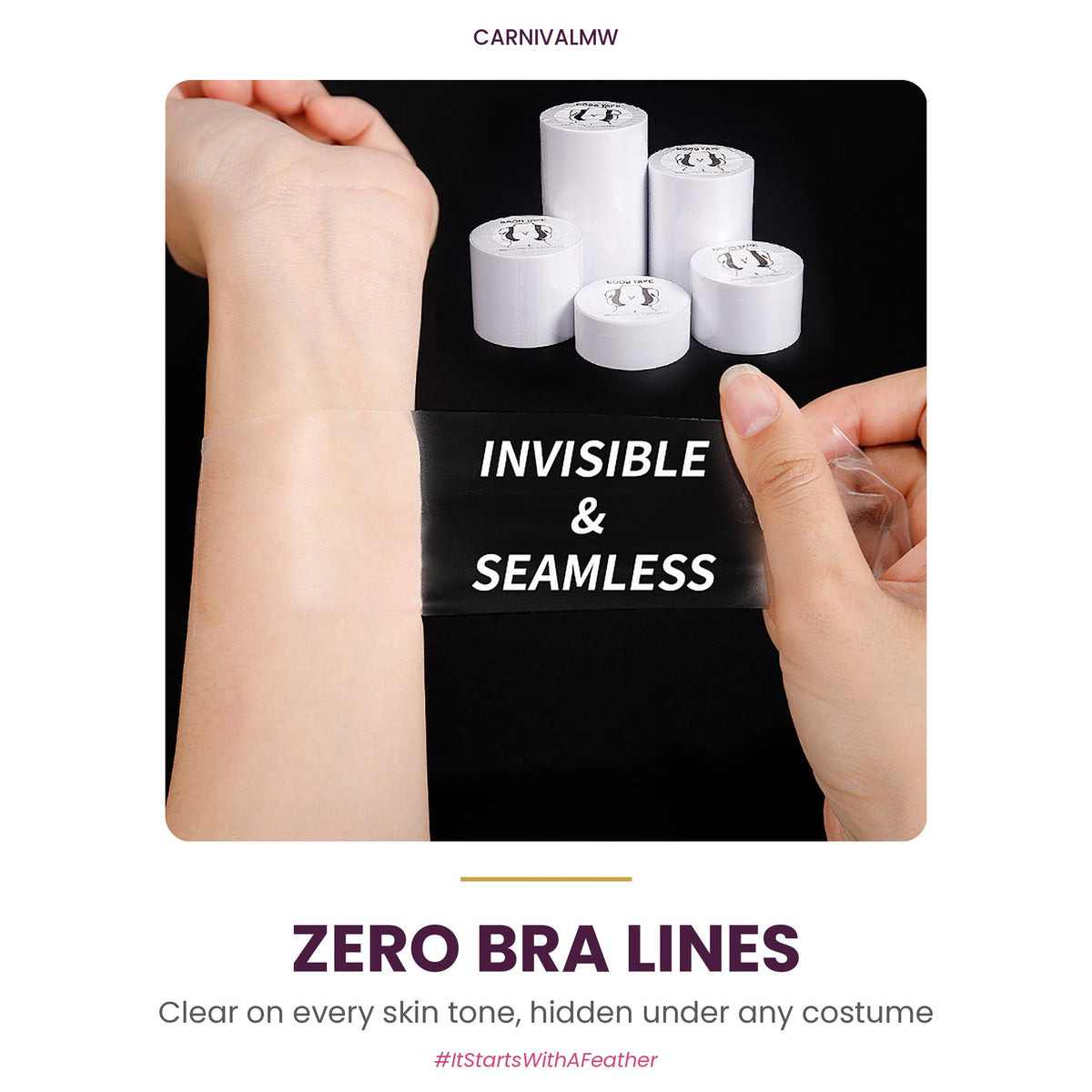 Clear Lift Boob Tape – Transparent Easy-Tear Body Tape-Transparent boob tape applied to skin – invisible and seamless on every skin tone, zero bra lines under carnival costumes