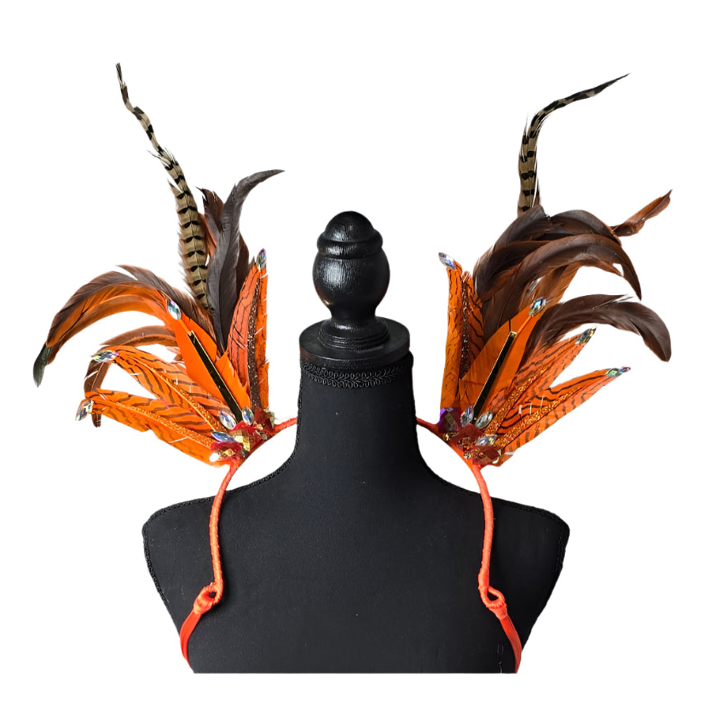 Copper Flame small feather collar wings, front view – orange and brown feathers with copper accents | CarnivalMW