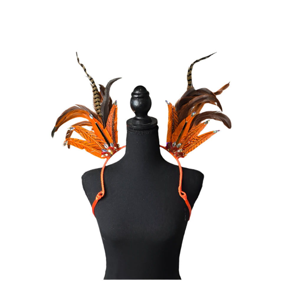 Copper Flame small feather collar wings, front view – orange and brown feathers with copper accents | CarnivalMW