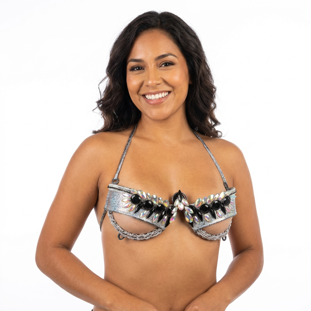 Cosmic Starlight Decorated Wire Bra-Cosmic Starlight Decorated Wire Bra featuring holographic silver fabric, iridescent crystal gems, and black gemstone accents, displayed on a black mannequin